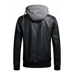 Men's Black <b>Hooded</b> Genuine Leather Windproof Winter <b>Jacket</b> with <b>Fur</b> Trim Polyester Lining Color Blocking Zip-Up Closure - Product Image 2