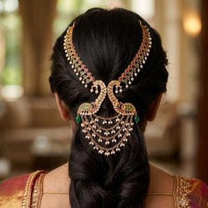 Épingle à cheveux de mariée ethnique indienne traditionnelle, en alliage de zinc, ornée de pierres Pota, de perles et d'un motif paon Juda, couvre-chignon décoratif Jewelemarket - Product Image 1