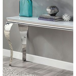 Tavolo Console Contemporaneo Glamour con Piano in Vetro Bianco e Gambe in Acciaio Inox Stile Cabriole per Soggiorno, Colore Argento - Product Image 2