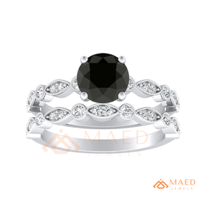 925 <b>Sterling</b> <b>Silver</b> Black Moissanite Round Cut Engagement <b>Ring</b> <b>Set</b> for Women Halo Bridal Wedding Band Matching <b>Set</b> USA - Product Image 4