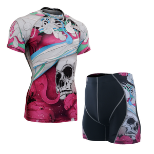 Unisex Compression Rash Guard Set Full Sleeve <b>Top</b> Shorts Sublimation Print Quick Dry Spandex Polyester <b>Skull</b> Design Eco-Friendly - Product Image 1