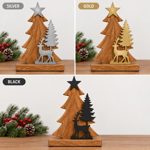 Wooden <b>Christmas</b> <b>Tree</b> Sculpture With Deer And Pine Silhouette Rustic <b>Tabletop</b> Decor For Winter Holiday Home Decoration - Product Image 3
