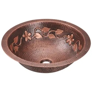 Luxury <b>Round</b> Hammered Copper Vessel Sink with Engraved Floral Pattern Antique Bathroom Above Counter Vanity Wash <b>Basin</b> Bowl - Product Image 1