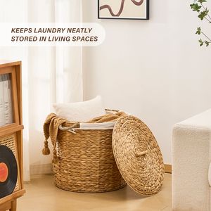 Cesto Portabiancheria Rotondo in Giacinto d'Acqua Naturale Intrecciato da 145L con Coperchio, Eleganti Cesti Portabiancheria Rotondi in Vimini - Product Image 6
