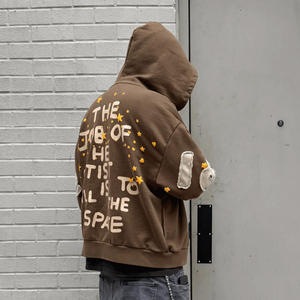 Sweat à capuche zippé pour homme, entièrement brodé avec lettres imprimées en relief, en molleton de coton épais, coupe oversize à épaules tombantes, anti-plis, pour l'hiver - Product Image 6