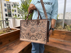 Large Western Concealed Carry Tooled Leather Briefcase <b>Laptop</b> Shoulder Handbag Brown <b>Hand</b> Tooled Tote <b>Bag</b> Genuine Leather Purse - Product Image 2