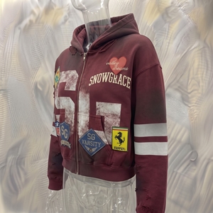 Sweat-shirt à capuche zippé pour homme Snowgrace, style streetwear oversize, design patchwork, couleur bordeaux, mode automne - Product Image 4