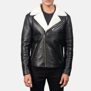 Alberto White <b>Shearling</b> Black Leather <b>Jacket</b> for <b>Men</b> Made of 100% Sheepskin Leather and Sherpa Fur Lining Eco-Friendly Winter - Product Image 3