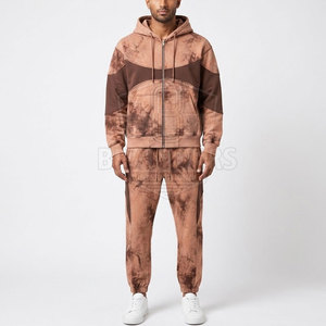 Men Acid Wash Tracksuit Full <b>Zip</b> <b>Hooded</b> Jacket Matching Jogger Set Casual Streetwear Two Piece Cotton Blend Clothing - Product Image 2
