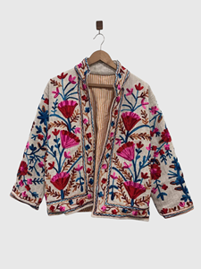 Veste en lin brodée de fleurs, col montant, manches longues, style Prairie Chic, vêtements de printemps pour femmes - Product Image 1