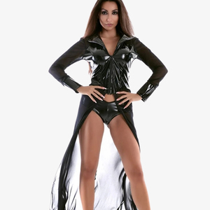 Robe longue en similicuir noir avec fente haute, manches longues, col en V, style moulant, pour soirée - Product Image 2