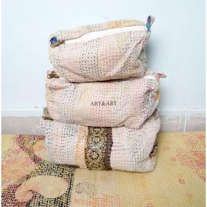 Wholesale Cotton kantha Tassel Zipper Pouch 3-Piece Vintage Large Eco-Friendly Portable Women's Cosmetic Organizer Bag Set - Product Image 6