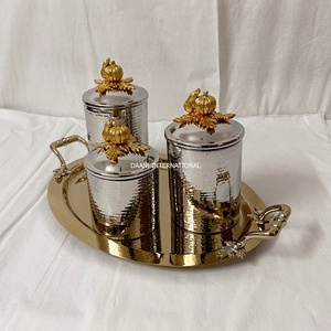 High Quality Stainless Steel Storage Jars with Hammer Effect Gold PVD Finish Handmade Canister and Tray for <b>Dining</b> <b>Table</b> Storage - Product Image 6