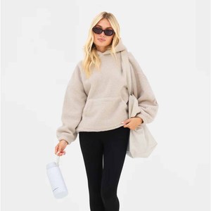 2026 Sherpa <b>American</b> Fleece Women's Winter Loose Pullover Hooded Top Pocket Full Sleeve Solid Knitted Embroidery - Product Image 5