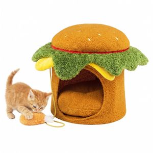 Cheeseburger Theme <b>Cat</b> Nest Cute Burger Shape with Fried Chicken <b>Plush</b> Toy No Assembly Needed Yellow & Green - Product Image 2