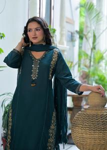 Ensemble Salwar Kameez traditionnel indien pour femmes, en coton bleu sarcelle brodé, longueur genou, coupe classique, pour le printemps, l'été et l'automne - Product Image 5