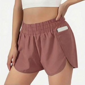 Shorts Deportivos Azules de Cintura Alta con Bolsillos, Cintura Elástica, Secado Rápido, Tejido de Punto, Shorts para Mujer, Color Sólido, Corte Regular - Product Image 4