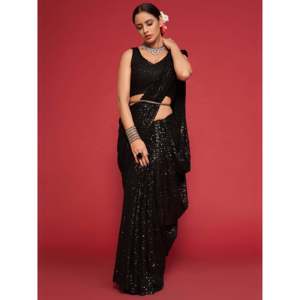 Adorable sari de soirée en georgette noir à sequins, vêtements Zeel, non cousu - Product Image 5