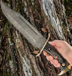 Couteau Bowie en acier Damas fait main, manche en bois, bord biseauté, pointe tombante, couteau de chasse avec étui en cuir - Product Image 4