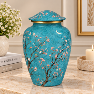 Urne funéraire en métal motif cerisier Sakura avec finition turquoise pour cendres commémoratives et hommage funéraire - Product Image 1