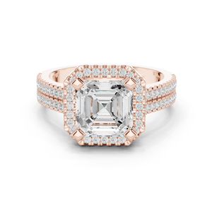 Anillo clásico Halo de oro rosa macizo de 14k con diamante de laboratorio de corte Asscher engastado en punta, doble banda, certificado GRA, a un precio razonable. - Product Image 1