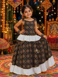 Festive Printed Cotton Girls Lehenga Choli Outfit With Rayon Border Soft Cotton Lining Traditional Kids Celebration Apparel - Product Image 2