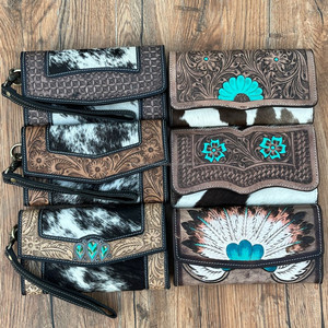 2025 venta al por mayor personalizado mano Tooled cuero embrague monedero occidental de alta calidad de cuero de vaca Floral tarjetero para mujer - Product Image 3