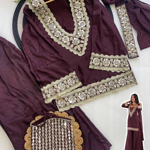 Robe de soirée en satin bordeaux brodée, ensemble Anarkali à manches longues, chemisier à sequins, pantalon palazzo, tenue de soirée formelle écologique - Product Image 6
