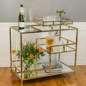Chariot de service élégant en fer finition dorée avec étagères en verre et roulettes, chariot de bar pour la maison, la cuisine, la salle à manger, organisateur et présentoir - Product Image 6