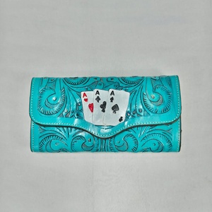 Hot Selling Hand Tooled Genuine Leather <b>Playing</b> <b>Card</b> Design Cute Floral Short Wallet Clutch RFID Secure Snap Closure - Product Image 1