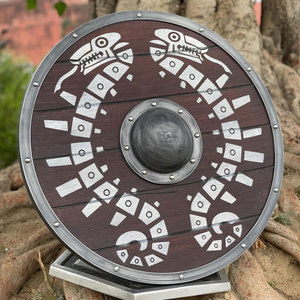 Authentique bouclier viking nordique en bois, forme ronde, artisanat fait main pour utilisation en costume et présentation décorative - Product Image 1