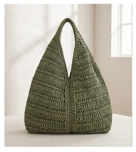Sac fourre-tout au crochet couleur unie style bohème, sac à main pour femme à ouverture supérieure, respirant, fermeture éclair, doublure en coton, prêt pour le voyage - Product Image 1