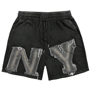 High Quality Embroidery Patch Running Shorts Men Dye Fade Distressed Acid Wash Shorts Heavy 100% Cotton French Terry Shorts - Product Image 1