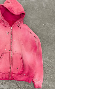 เสื้อฮู้ดดี้ย้อมสีแบบแอซิดวอชสำหรับผู้ชาย ผ้าฝ้ายหนานุ่ม เฟรนช์เทอร์รี่ สีชมพูวินเทจซีดจาง ซิปหน้า สไตล์ดิสเทรส แบบสวมหัว สไตล์วิทยาลัย - Product Image 2