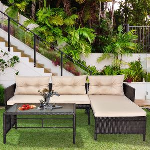 Set di Mobili da Esterno in Rattan PE a 3 Pezzi, Divano Sezionale in Vimini Nero per Patio, Divanetto da Conversazione, Arredamento da Giardino Color Kaki - Product Image 4