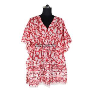 Robe Kaftan pour femmes en coton 100% - Imprimé à la main - KFCS076 - Légère - Vêtement décontracté pour occasions spéciales - Robe Kaftan courte - Product Image 2