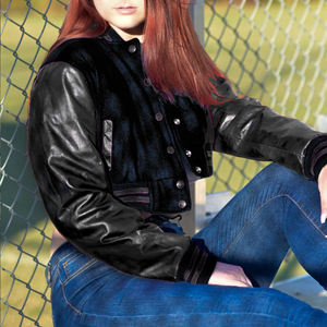 Chaqueta Corta Estilo Universitaria para Mujer, Totalmente Negra, Estilo Bomber, Mangas de Cuero Sintético, Ropa Exterior Informal, Moda Femenina - Product Image 1