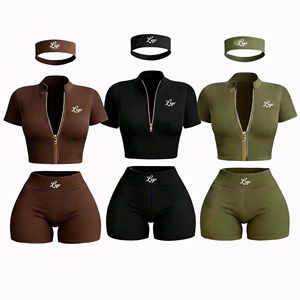 Custom Logo Women's 2 Piece Sporty <b>Set</b> <b>Short</b> Sleeve Zip Up <b>Top</b> High Waist <b>Shorts</b> Breathable Spandex Polyester Activewear - Product Image 2