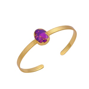 Purple Mohave <b>Jade</b> Stone Geometric Oval Open Cuff Adjustable Bangle Gold Plated Handmade Trendy Bezel Setting Statement Unisex - Product Image 3