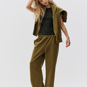 Women's Solid Color Knitted Straight Leg Ankle-Length Pants <b>Elastic</b> <b>Waist</b> Casual Loose Fit Autumn Wear - Product Image 2