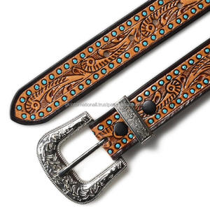 <b>Men's</b> Classic Floral Hand Tooled Leather <b>Belt</b> with designer snap closure buckle Tooled Leather <b>cowboy</b> cowgirl <b>belt</b> - Product Image 3