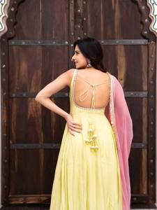 Yellow Pink Women Salwar Kameez Set Embroidered <b>Net</b> Dupatta Solid Sleeveless <b>Top</b> Traditional Dress for Party Wedding - Product Image 3