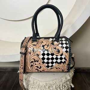 New Premium Vintage Hand Tooled Checkered Cow Leather Speedy Bag for Women's With Designer Floral Carved Pattern Shoulder Bag - Product Image 5