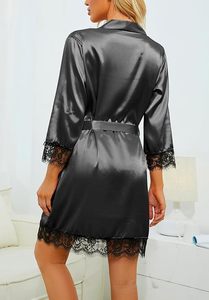 Conjunto de Bata de Satén para Mujer, 4 Piezas, con Encaje, Lencería Sexy, Largo hasta la Rodilla, Manga Tres Cuartos, Color Negro Sólido - Product Image 6