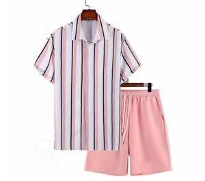 Conjunto de 2 Piezas de Ropa Casual de Verano para Hombre, Camisa de Manga Corta con Botones y Pantalones Cortos de Punto, Diseño a Rayas Transpirable - Product Image 1