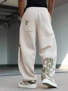 Premium Beige <b>Oversized</b> Wide Leg <b>Jogger</b> Trousers Men Washed Loose Fit Streetwear Pants 3D Floral Applique Elastic Waist - Product Image 4