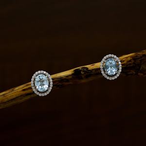 Boucles d'oreilles clous halo en aquamarine, pierre de naissance de mars, en argent sterling 925, cadeau de bijoux pour femme, élégantes boucles d'oreilles de mariée pour mariage - Product Image 4