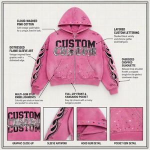 Hoodie rose personnalisé en coton, coupe oversize courte, fermeture éclair intégrale, orné de strass, style streetwear, fabricant, faible MOQ, 10 pièces minimum pour commande en gros - Product Image 4