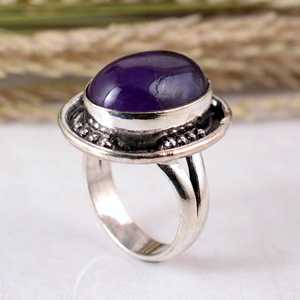 SHYAM JEWELRS 925 Sterling Silver Purple Amethyst Oval Shape Boho Handmade Oxidized Style Unisex <b>Statement</b> <b>Ring</b> Handcrafted - Product Image 4