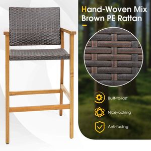 Set di 2 sedie da bar da patio in vimini PE con braccioli in legno di acacia - Product Image 4